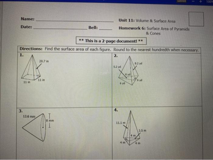 Homework 6 surface area of pyramids and cones